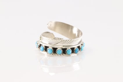 Native America Navajo Sterling Silver Turquoise Feather Ring By Aaron Davis.