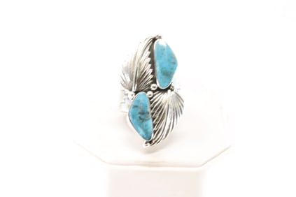 Native America Navajo Sterling Silver Turquoise Ring Leaf By Gregg Yazzie.