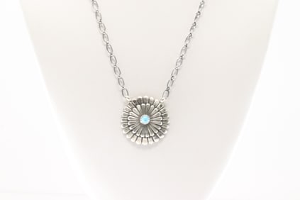 Native America Navajo Sterling Silver Turquoise Neckalce By Sheldon Mariano.