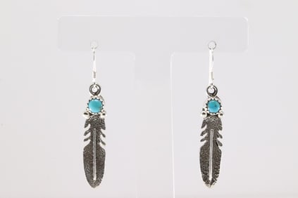 Native America Navajo Sterling Silver Turquoise Feather Dangling Earring's By Sharon McCarthy.