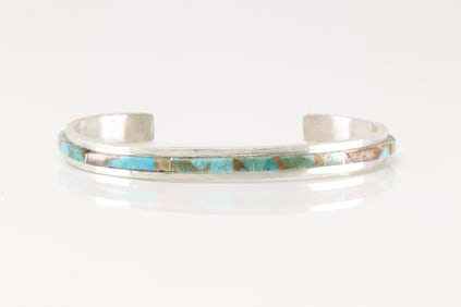 Native America Navajo Sterling Silver Kingman Turquoise Inlay Bracelet Cuff.