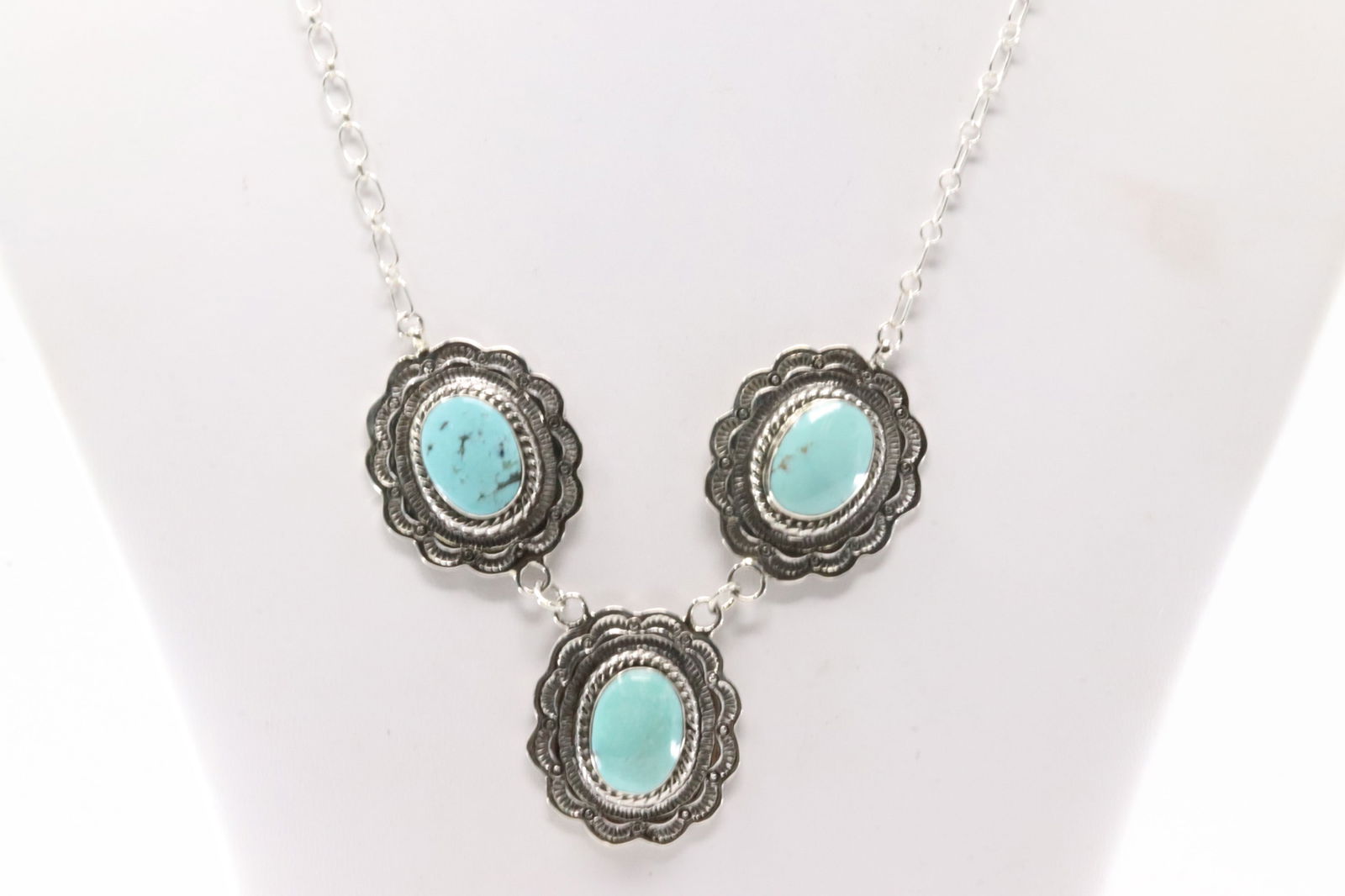 Native American Navajo Sterling Silver Turquoise Necklace 3 Stone By Gwendolyn Burnside. (1 of 4)