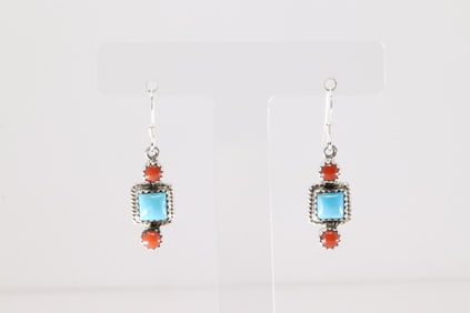 Native American Navajo Sterling Silver Coral & Turquoise Dangling Earring's By Gary Shorty.