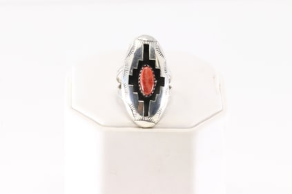 Native American Navajo Sterling Silver Coral Ring By Felix Perry