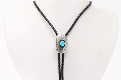 Native America Navajo Sterling Silver Turquoise Bolo Necklace By Shirley Skeets.