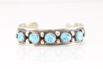 Native America Navajo Sterling Silver Kingman Turquoise Bracelet Cuff By Welbert Meyers.