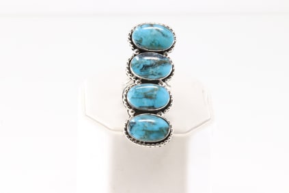 Native America Navajo Sterling Silver Kingman Turquoise Ring 3 Stone By Gilbert Smith.