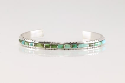 Native America Zuni Sterling Silver Turquoise Inlay Bracelet Cuff By Sheldon Lalio.