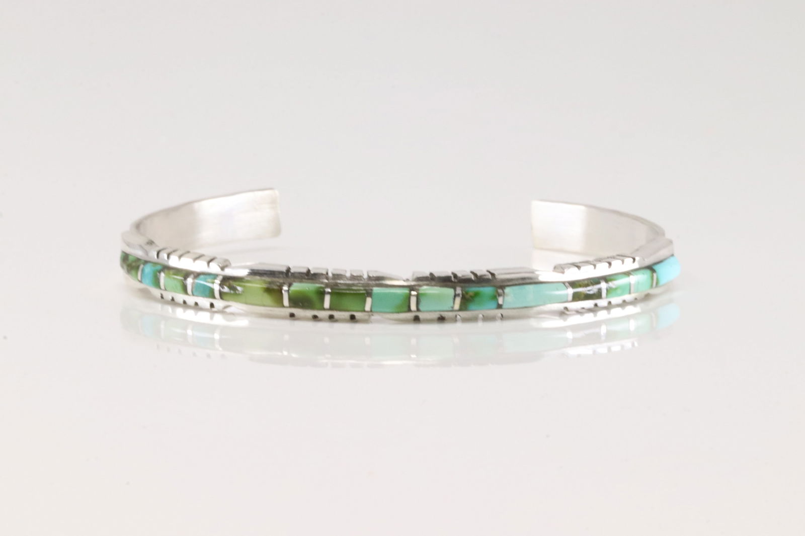 Native America Zuni Sterling Silver Turquoise Inlay Bracelet Cuff By Sheldon Lalio.: This is a Native America Zuni Sterling Silver Turquoise Inlay Bracelet Cuff By Sheldon Lalio.