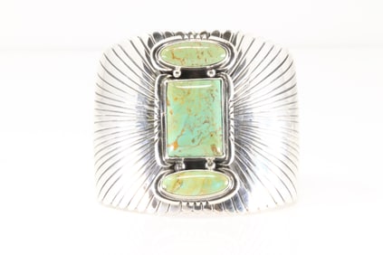 Native America Navajo Sterling Silver Kingman Turquoise Bracelet Cuff By R.B.