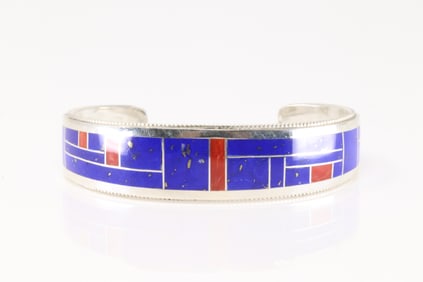 Native America Navajo Sterling Silver Lapis & Coral Inlay Bracelet Cuff By Gledora Booqua.