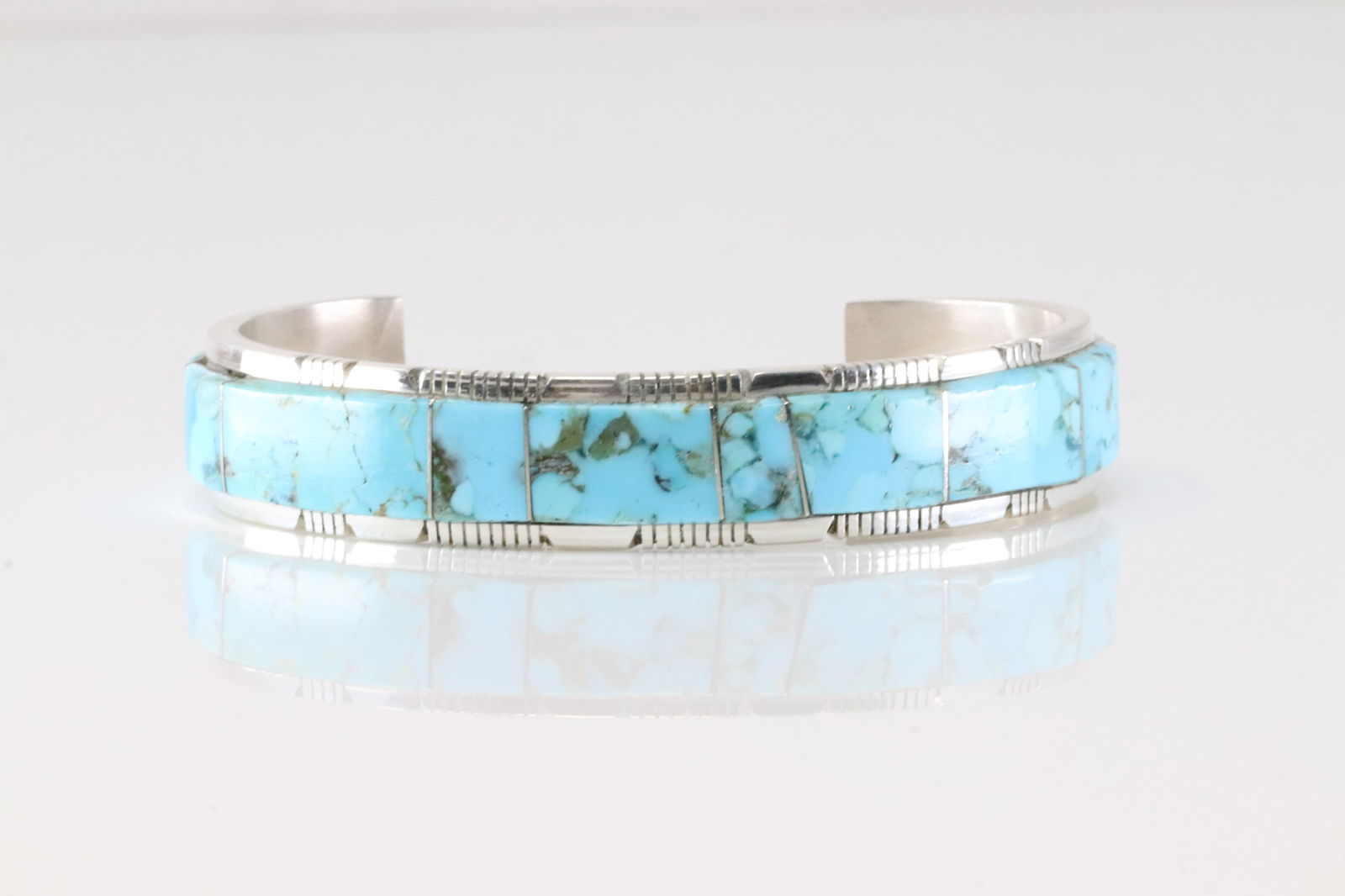 Native America Navajo Sterling Silver Kingman Turquoise Inlay Bracelet Cuff By Steve Francisco.: This is a Native America Navajo Sterling Silver Kingman Turquoise Inlay Bracelet Cuff By Steve Francisco.