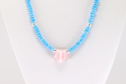 Native America Navajo Sterling Silver Turquoise & Pink Conch Necklace.