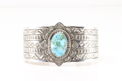 Native America Navajo Sterling Silver Kingman Turquoise Bracelet Cuff By E.Wylie.