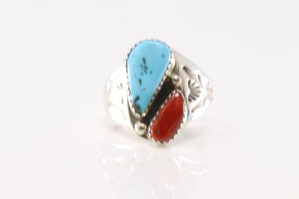 Native America Navajo Sterling Silver Coral & Turquoise Ring By M.L.