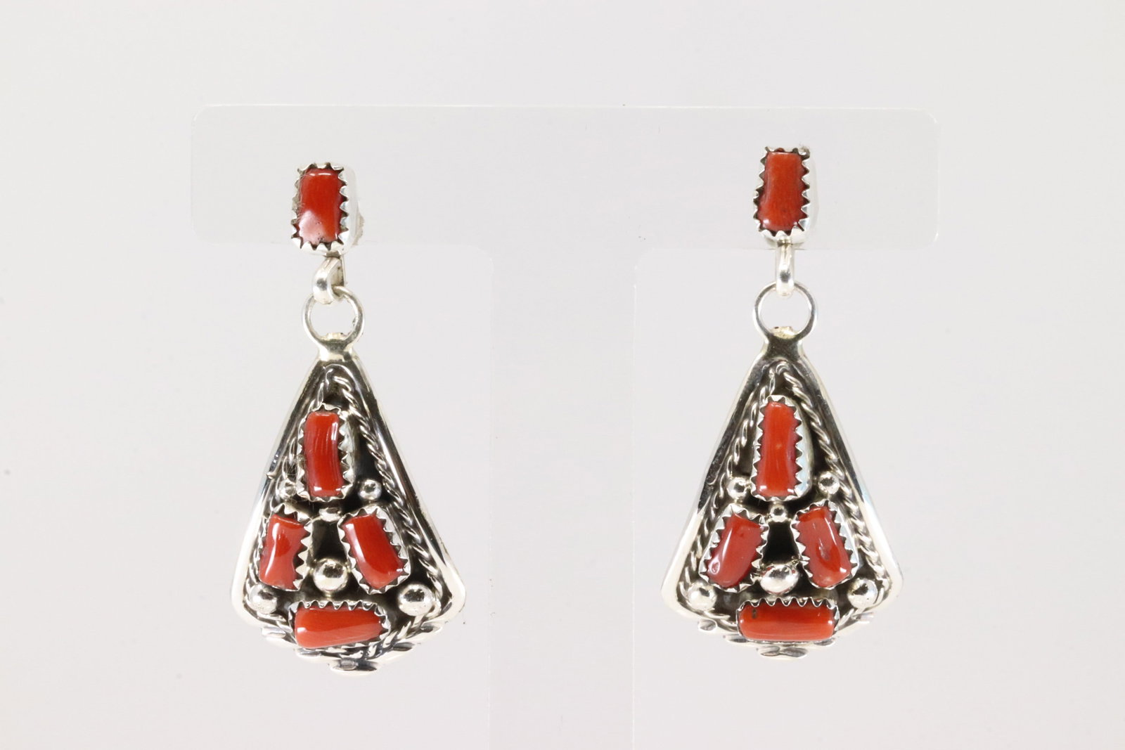 Native America Navajo Sterling Silver Coral Post / Dangling Earring's By Melvin Chee.: This is a Native America Navajo Sterling Silver Coral Post / Dangling Earring's By Melvin Chee.