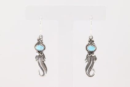 Native America Navajo Sterling Silver Turquoise Feather Dangling Earring's By Sharon McCarthy.