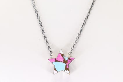 Native America Navajo Sterling Silver Cotton Candy Star Necklace By Johnny Dixon.