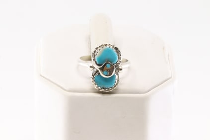 Native America Zuni Sterling Silver Turquoise Ring 2 Stone By Effie C.