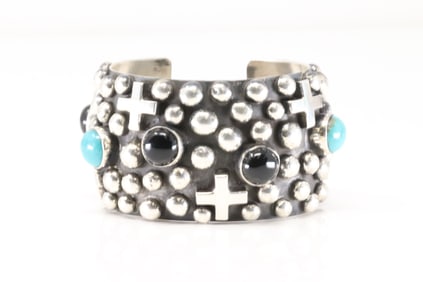 Native America Navajo Sterling Silver Black Onyx & Turquoise Cross Bracelet Cuff By Chimney Butte.