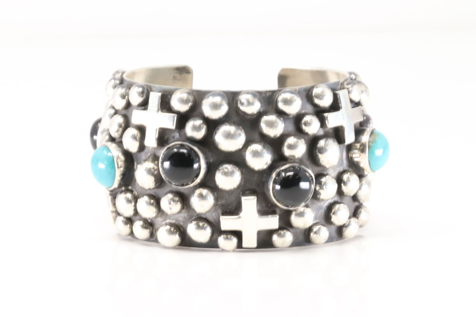Native America Navajo Sterling Silver Black Onyx & Turquoise Cross Bracelet Cuff By Chimney Butte. (1 of 4)