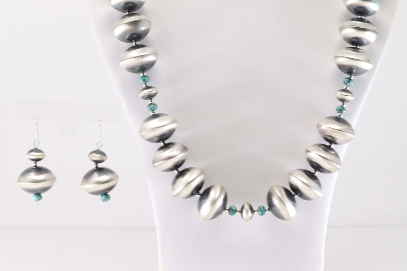 Native America Navajo Sterling Silver Turquoise &  Pearl Beaded Necklace & Earring's Set By Sharon (1 of 5)