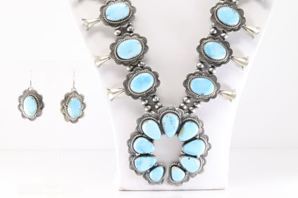 Native America Navajo Sterling Silver Kingman Turquoise Squash Blossom Necklace By Earring's Set By