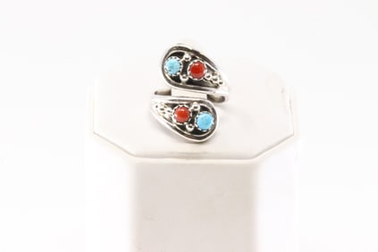 Native America Navajo Sterling Silver Coral & Turquoise Ring By Genevieve Francisco.