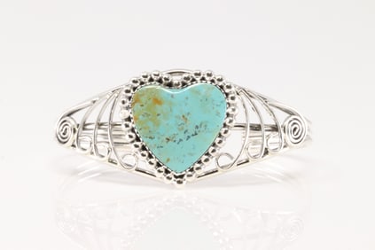 Native American Navajo Sterling Silver Turquoise Heart Bracelet Cuff By Jimmy Garcia.