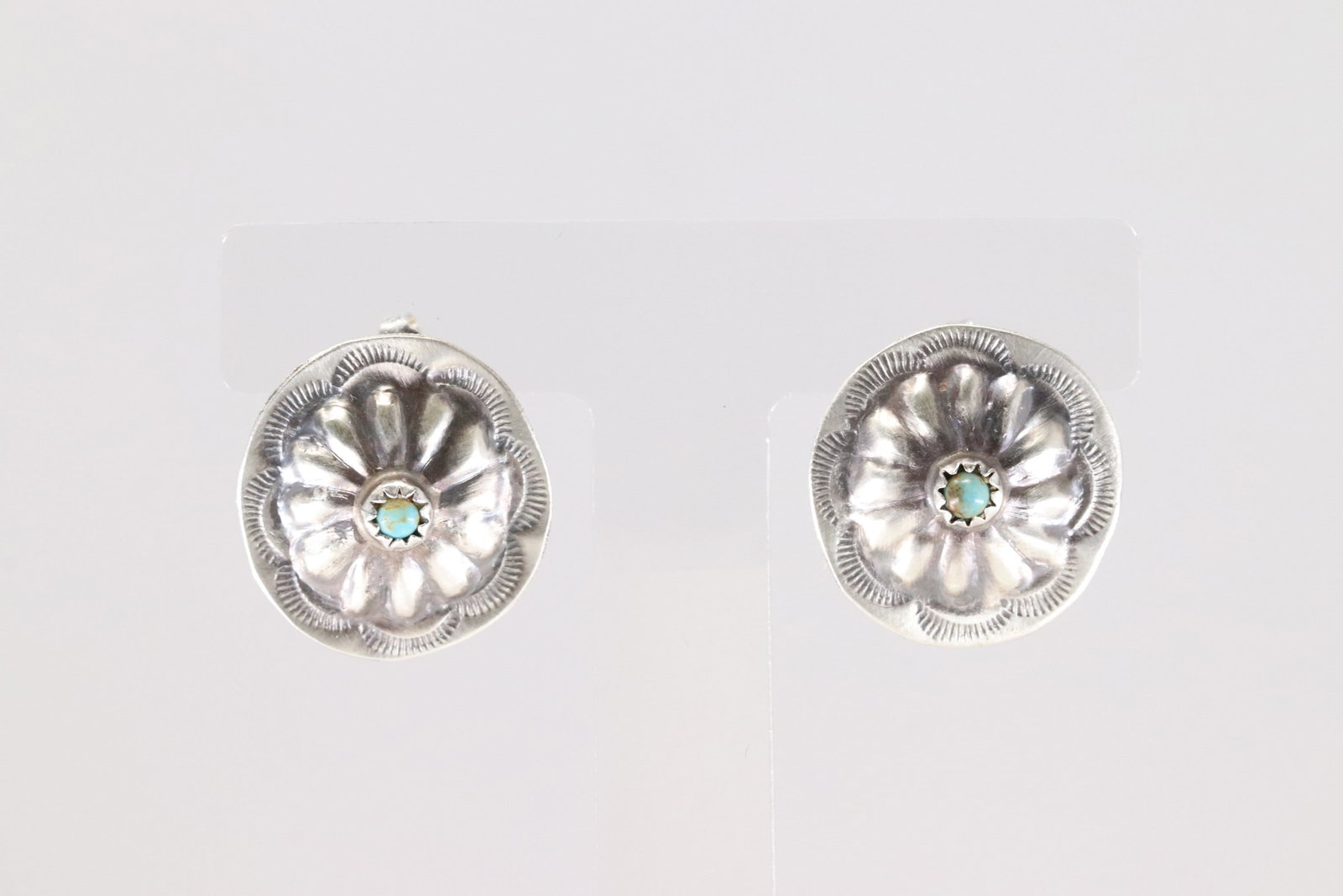 Native American Navajo Sterling Silver Turquoise Post Conch Earring's By Joan Begay.: This is a Native American Navajo Sterling Silver Turquoise Post Conch Earring's By Joan Begay.
