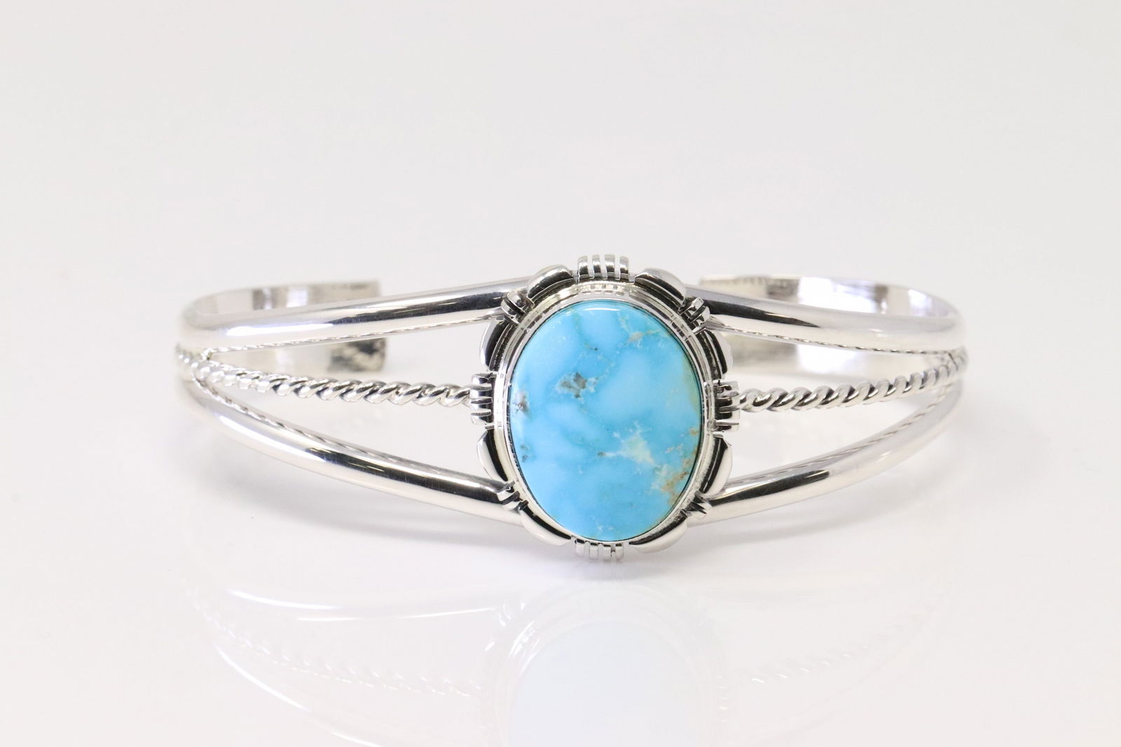 Native American Navajo Sterling Silver Turquoise Bracelet Cuff By N.J.: This is a Native American Navajo Sterling Silver Turquoise Bracelet Cuff By N.J.