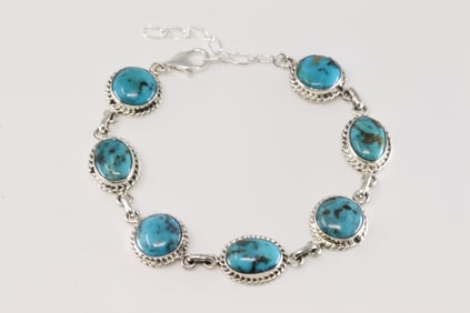 Native America Navajo Sterling Silver Turquoise Bracelet Link By Arlene Lewis.