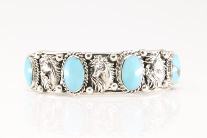 Native American Navajo Sterling Silver Turquoise Horse Bracelet Cuff By R.B.