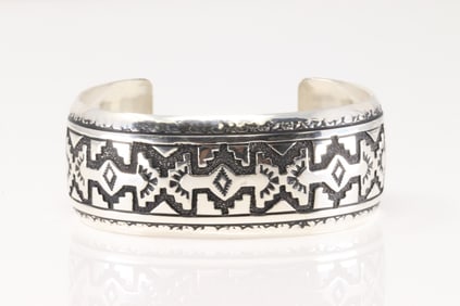 Native America Navajo Sterling Silver Stamped Deisgn Bracelet Cuff By T&R Singer.