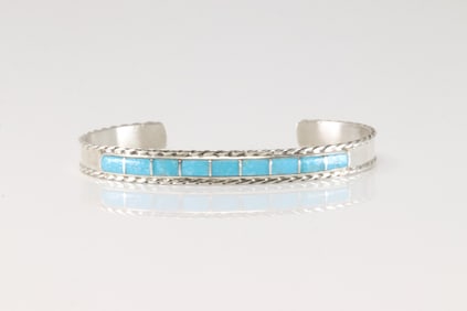 Native America Navajo Sterling Silver Turquoise Inlay Bracelet Cuff By J.P.