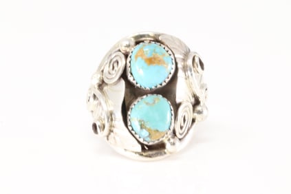 Native America Navajo Sterling Silver Turquoise Ring 2 Stone By B.