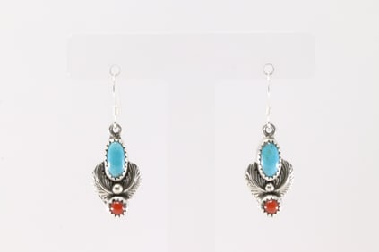 Native America Navajo Sterling Silver Coral & Turquoise Dangling Earring's By Robert Martinez.