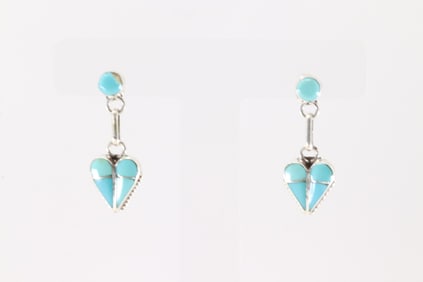 Native America Zuni Sterling Silver Kingman Turquoise Inlay Heart Post / Dangling Earring's By Velda