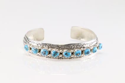 Native America Navajo Sterling Silver Turquoise Bracelet Cuff By Grace Silver.