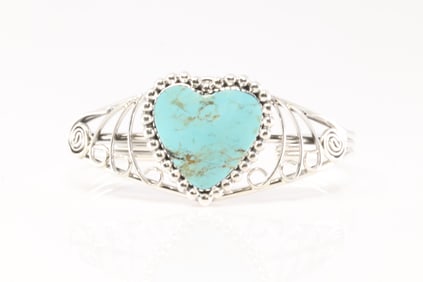 Native America Navajo Sterling Silver Turquoise Heart Bracelet Cuff By Jimmy Garcia.