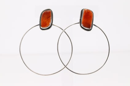 Native America Navajo Sterling Silver Spiny Oyster Hoop Post Earring's By Elouise Kee.