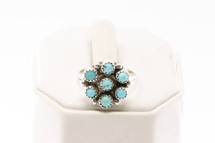 Native America Navajo Sterling Silver Turquoise Ring Flower By M.P.