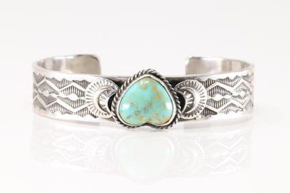 Native America Navajo Sterling Silver Kingman Turquoise Heart Bracelet Cuff By Sunshine Reeves.