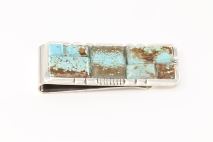 Native America Navajo Sterling Silver Number 8 Turquoise Money Clip By Brandon Etcitty.