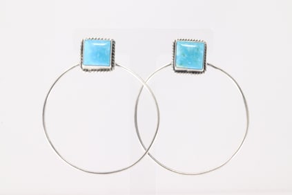 Native America Navajo Sterling Silver Kingman Turquoise Hoop Post Earring's By Elouise Kee.
