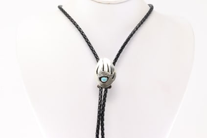 Native America Navajo Sterling Silver Bear Paw Turquoise Bolo Necklace By Ervin Begay.
