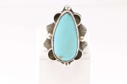 Native America Navajo Sterling Silver Kingman Turquoise Ring By Rena Shelly.