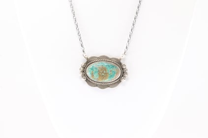 Native America Navajo Sterling Silver Kingman Turquoise NecklaceBy Virginia Hinio.
