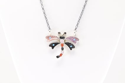 Native America Zuni Sterling Silver Multicolor Stone Dragonfly Necklace By Tamara Pinto.