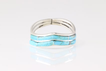 Native America Navajo Sterling Silver Turquoise Inlay Ring By Jamie Johnson.
